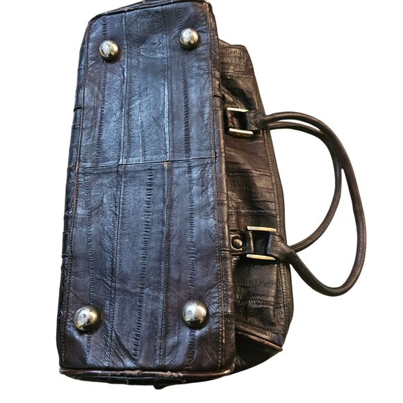Vintage Eel Skin Genuine Leather Brown Handbag With Double Handles & Zip Closure - Picture 3 of 13